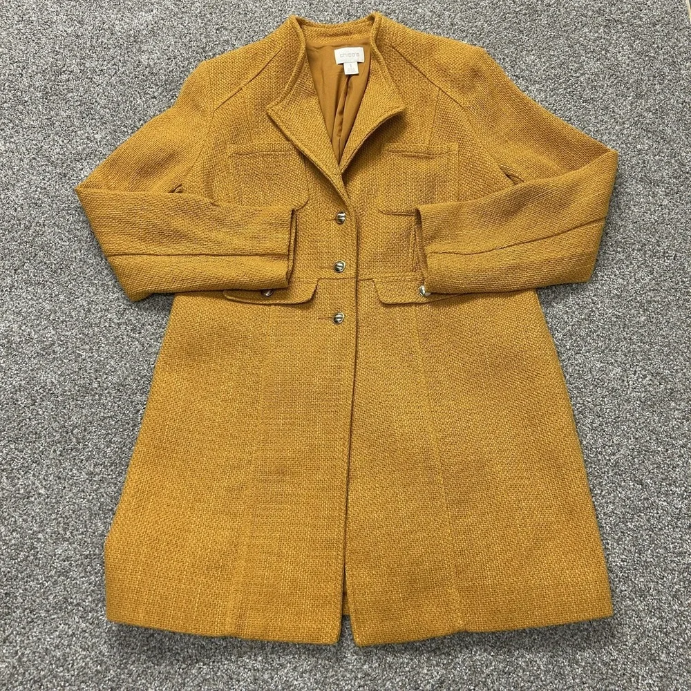 Chico's Coat Womens 1 Yellow Tweed Acrylic Collared Button Front Lined Pockets